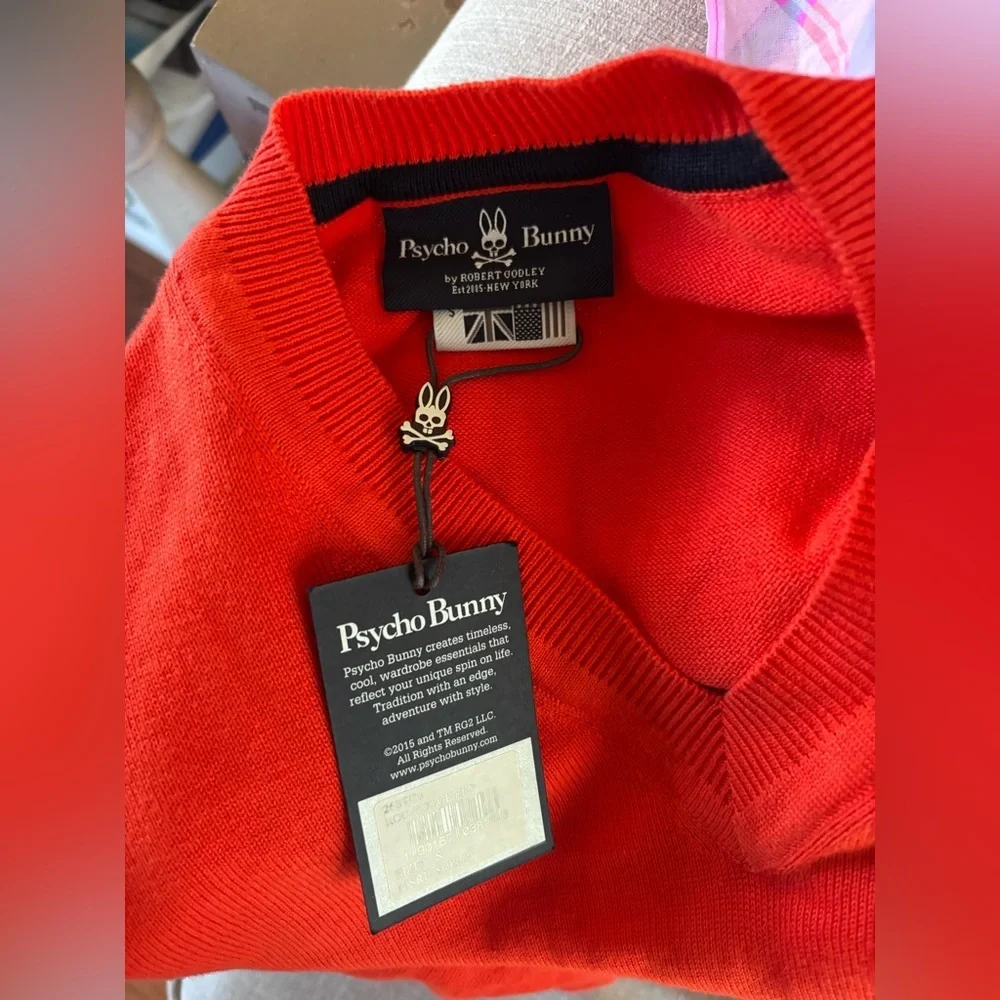 Psycho Bunny Mens Rouge Red Pima Cotton V-Neck Sweater 26SW36 Small